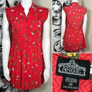 Angie Red & Multicolor Floral Print Vneck Dress w/ Pockets, Sz M
